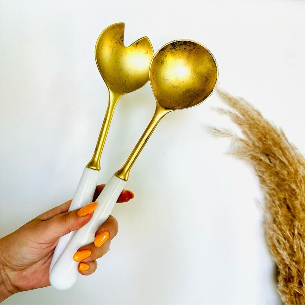 VINTAGE Gold Brass White Enamel Handle Salad Spoon Tosser Serving Utensil Set